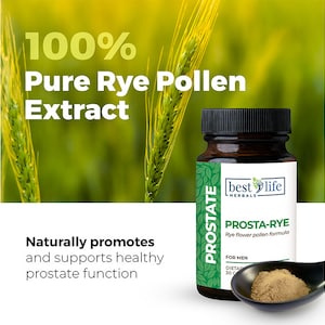 以下が含まれることがあります： 白いラベルに「PROSTATE best life HERBALS PROSTA-RYE Rye flower pollen formula FOR MEN DIETAR 30 C」と書かれた茶色のボトル、薄い茶色の粉末が入ったさじ、そして小麦の茎のある緑色の背景。