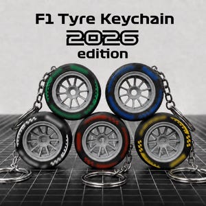 Può includere: Cinque portachiavi F1 Tyre Keychain 2026 edition con pneumatici da corsa neri in miniatura, cerchi argentati e strisce laterali colorate in verde, blu, bianco, rosso e giallo. Ogni pneumatico è fissato a una catena e un anello in metallo.