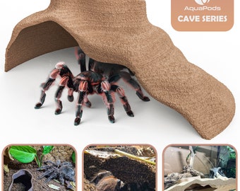May include: A tan, textured, arched cave structure labeled AquaPods CAVE SERIES, featuring a large tarantula with black and red striped legs underneath. Three smaller inset images show the cave in use within a terrarium environment.