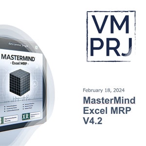 May include: A black box with the text "MASTERMIND - Excel MRP -" and a 3D cube graphic. The box is labelled "Alternative Single" and has a barcode. The text "VM PRJ" is in a blue box with a white border. The text "February 18, 2024" is below the blue box. The text "MasterMind Excel MRP V4.2" is below the date.