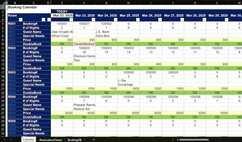 Pode incluir: Uma folha de c&aacute;lculo com um calend&aacute;rio de reservas para um hotel. O calend&aacute;rio mostra as datas de 22 de mar&ccedil;o a 30 de mar&ccedil;o. Cada linha representa um quarto diferente, e cada coluna representa uma data diferente. A folha de c&aacute;lculo mostra o n&uacute;mero de reserva, o n&uacute;mero de noites, o nome do h&oacute;spede, as necessidades especiais, o pre&ccedil;o e o estado da reserva dupla para cada quarto.