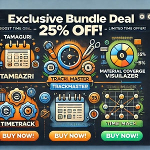 May include: A colourful graphic promoting a bundle deal for time management tools. The graphic features a clock, a calendar, a pie chart, and a grid with circles. The text "Exclusive Bundle Deal - 25% OFF! - Limited Time Offer!" is displayed at the top of the graphic. The text "BUY NOW!" appears three times on the graphic.