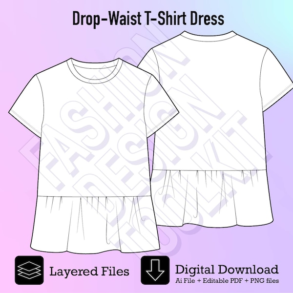 Girls Drop-Waist T-Shirt Dress CAD for Fashion Mockup