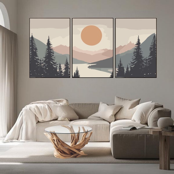 Set of 3 boho-downloadable-landscape-wall-art Sunset Mountain Landscape Abstract Illustrations Prints Modern Art Minimalist Boho Wall Decor