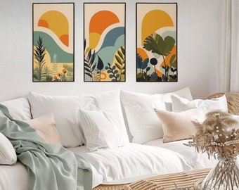 Horizontal Boho Sun Print, Orange & Yellow Sun, Watercolor Printable Mountain Sunset, Wildflowers Sunrise Wall Art Decor, Midcentury Modern