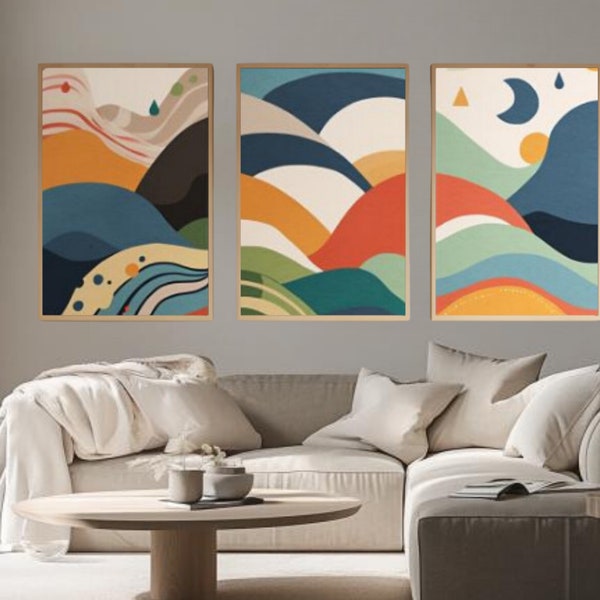 3 Piece Wall Art Sun and Mountain Illustration Print Set Mid Century Modern Artwork Boho Decoration for Living Room