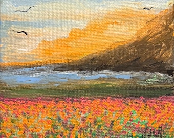 Piccolo dipinto originale: Paesaggio all'alba, Campo di fiori, Decorazione da scrivania per ufficio