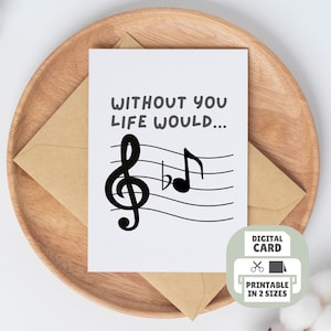 Cartão imprimível sem você, a vida seria Bb, cartão de felicitações de músico, cartão de agradecimento de professor de orquestra, cartão de aniversário de tocador de banda, canto de coro
