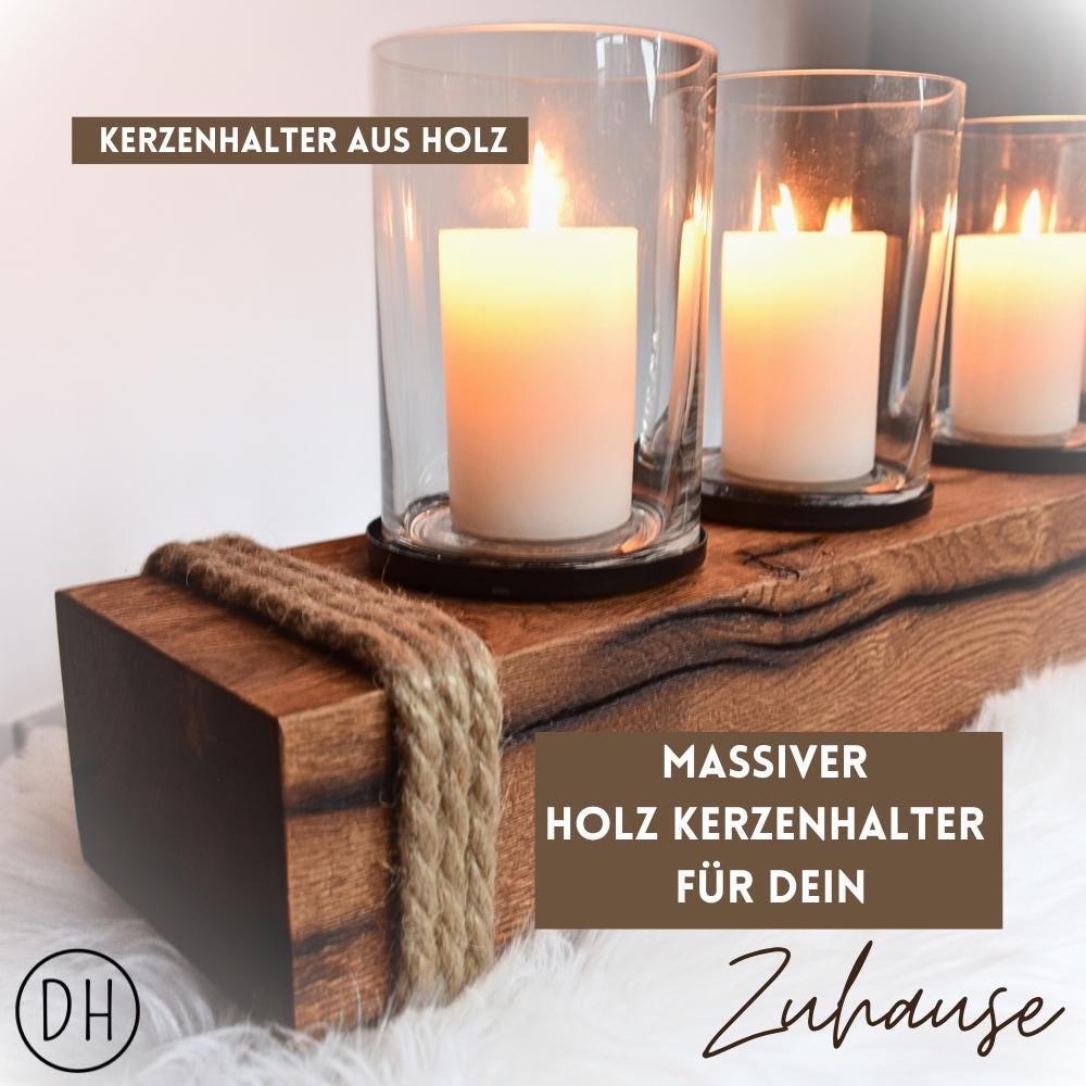 Kerzenhalter Holz aus altem Eichenbalken mit 4 Windlichtgläsern – rustikale Eichenbalken Deko und Kerzenständer Holz