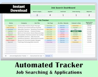Può includere: Un foglio di calcolo verde e bianco con il titolo "Job Search Dashboard" e una tabella con le intestazioni "Stato", "Azienda", "Titolo del lavoro", "Tipo di lavoro", "In loco/Remoto", "Interesse nel ruolo" e "Scadenza della domanda". La tabella è piena di candidature per lavoro e dei loro dettagli.