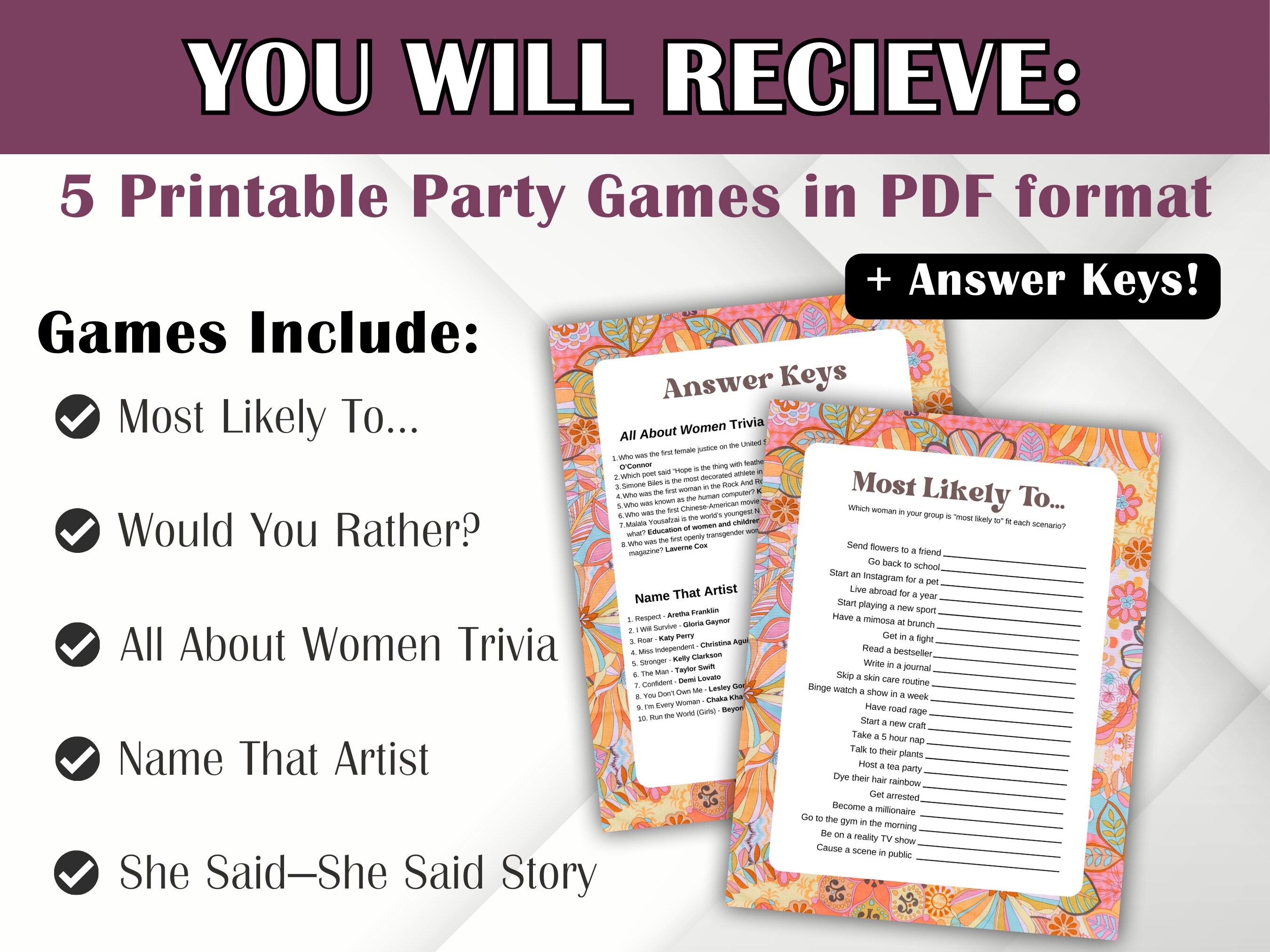 Printable Party Games 5 Printable Games for Women Fun Games for Adults Printable Party Games 5 Printable Games for Women Fun Games for Adults