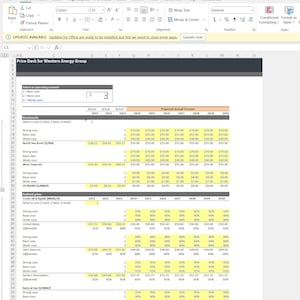 May include: A spreadsheet with a price deck for Western Energy Group. The spreadsheet includes projected annual forecasts for various benchmarks, including North Sea Brent, West Texas Intermediate, and US (NOW). The spreadsheet also includes realized prices for crude oil and liquids, natural gas, and other commodities.