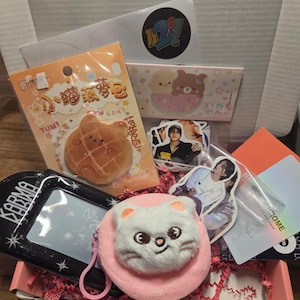 May include: A gift box containing a variety of items. These include a pink cat-shaped coin purse, stickers, a black photo frame with "Karma" on it, and a bread-shaped sticker. The box is filled with pink shredded paper.