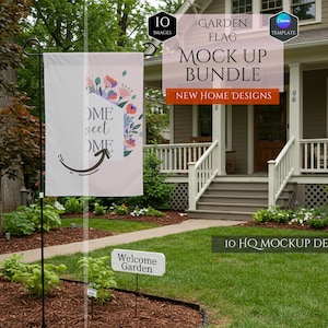 Puede incluir: Una bandera de jardín con las palabras "Home Sweet Home" y detalles florales. La bandera se muestra en un jardín con una casa al fondo. La imagen también incluye el texto "Garden Flag Mock Up Bundle".
