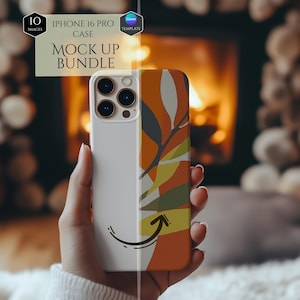 May include: A white iPhone 16 Pro case with a colorful abstract leaf design in orange, yellow, and green. The case has a black arrow and a curved line. The text "iPhone 16 Pro Case Mock Up Bundle" is visible.