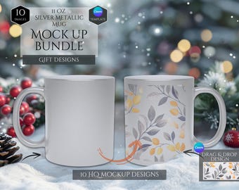 11 Oz Silver Metallic Mug Mockup Bundle -Gift Design Mockups- 10 HQ Designs -Canva Drag and Drop Mockup -Canva Template -Metallic Mug Mockup