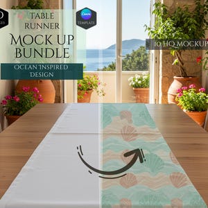 May include: A wooden table with a table runner mock-up. The runner features an ocean-inspired design with seashells and waves. Text on the image includes "Table Runner Mock Up Bundle" and "Ocean Inspired Design."