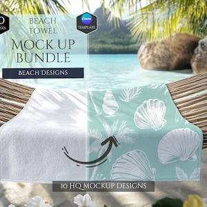 K&ouml;nnte beinhalten: Ein Mockup-Paket mit 10 hochwertigen Strandtuchdesigns. Die Handt&uuml;cher werden auf einer H&auml;ngematte mit tropischem Hintergrund gezeigt. Der Text "BEACH TOWEL MOCK UP BUNDLE" wird in einem wei&szlig;en Kasten mit blauem Rand angezeigt. Der Text "BEACH DESIGNS" wird in einem wei&szlig;en Kasten mit blauem Rand angezeigt. Der Text "10 HQ MOCKUP DESIGNS" wird am unteren Rand des Bildes angezeigt.