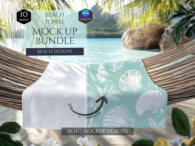K&ouml;nnte beinhalten: Ein Mockup-Paket mit 10 hochwertigen Strandtuchdesigns. Die Handt&uuml;cher werden auf einer H&auml;ngematte mit tropischem Hintergrund gezeigt. Der Text "BEACH TOWEL MOCK UP BUNDLE" wird in einem wei&szlig;en Kasten mit blauem Rand angezeigt. Der Text "BEACH DESIGNS" wird in einem wei&szlig;en Kasten mit blauem Rand angezeigt. Der Text "10 HQ MOCKUP DESIGNS" wird am unteren Rand des Bildes angezeigt.