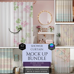 May include: A shower curtain mock-up bundle featuring various designs. One curtain has a white background with pink and green shamrocks. Another has a plaid pattern with shamrocks. The bundle includes 10 images and is for home decor designs.