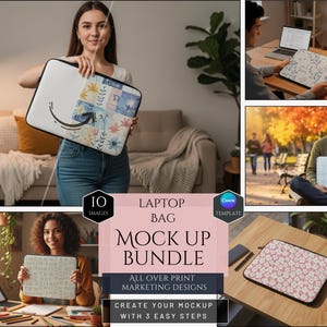 Può includere: Pacchetto di mockup di borse per laptop con vari design. L'immagine mostra una collezione di borse per laptop con diversi motivi, tra cui disegni floreali e geometrici. Le borse sono esposte in vari contesti, mostrando la loro versatilità. Il testo sull'immagine dice "Laptop Bag Mock Up Bundle".