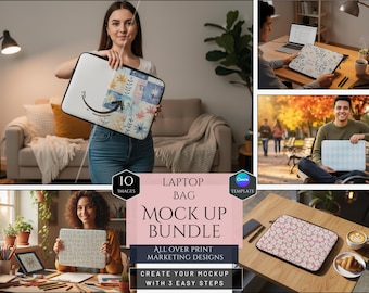 Laptop Sleve Mockup Bundle -Marketing Display Designs -Customizable Laptop Sleeve Templates -10 HQ Mockups- Work Laptop Bag -Canva Template