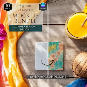 Square Coaster Mockup Bundle -Summer Season Mockups -10 Mockup Designs -Customizable Summer Decor -HQ Decoration Mockups -Canva Template