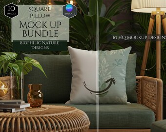 Square Pillow Mockup Bundle -10 Biophilic Nature Design Mockups -Customizable Nature Inspired Pillow Mockups -HQ Mockups -Canva Template