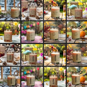 May include: A collection of sixteen glass jar candles featuring two wicks each. Some jars display the text Your Designs Here, while others feature the word FESTIVAL. The candles are shown in various seasonal settings with different backgrounds.