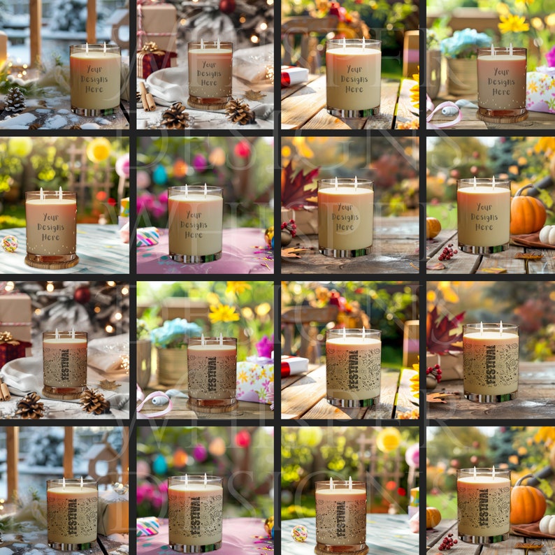 May include: A collection of sixteen glass jar candles featuring two wicks each. Some jars display the text Your Designs Here, while others feature the word FESTIVAL. The candles are shown in various seasonal settings with different backgrounds.