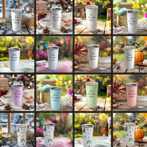 May include: Twelve different color variations of a stainless steel tumbler with a silver lid. The tumblers are displayed on various backgrounds, including wood, grass, and a white surface. The tumblers are all the same size and shape, and they have a smooth, shiny finish. The text "Your Designs Here" is printed on each tumbler.
