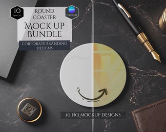Rund underläggsmodellpaket - 10 företagsmärkesdesigner - Mockup för anpassningsbar kontorsinredning - Mockup för högkvalitativ dekoration - Canva-mall