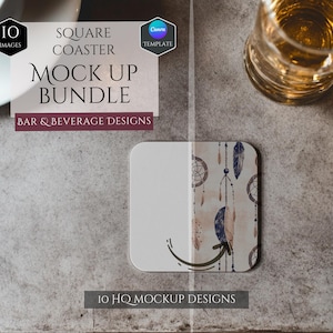Square Coaster Mockup Bundle -10 Bar & Beverage Mockup Designs  -Customizable Bar Decor -HQ Mockups -Decoration Mockups -Canva Template