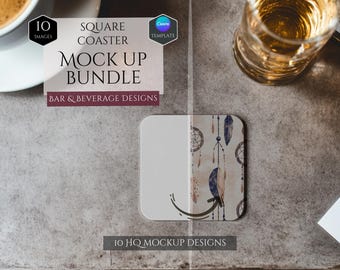Square Coaster Mockup Bundle -10 Bar & Beverage Mockup Designs  -Customizable Bar Decor -HQ Mockups -Decoration Mockups -Canva Template