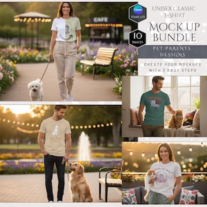 Può includere: Un pacchetto di mockup di t-shirt classiche unisex con disegni per genitori di animali domestici. L'immagine mostra persone che indossano t-shirt con grafiche a tema animali domestici, tra cui un cane e un gatto. Il testo sulle magliette include "Dog Dad" e "Crazy Cat Mom".