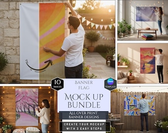 All-Over Print Flag (Banner) Mockup Bundle -Wall Flag Banner -Customizable Flag Templates -10 HQ Mockups -House Flag -Canva Template