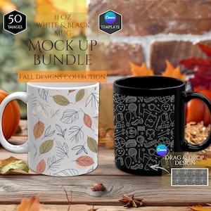 Fall Season Mockups- 11 Oz Mug Mockup Bundle- 50 Designs-  25 White Mug Mockup- 25 Black Mug Mockup- Canva Drag and Drop Mug Mockup Template