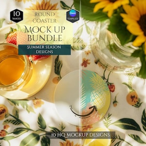 Round Coaster Mockup Bundle, Summer Designs, Canva PNG