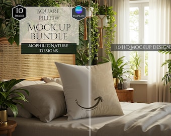 Square Pillow Mockup Bundle -10 Biophilic Nature Design Mockups -Customizable Nature Inspired Pillow Mockups -HQ Mockups -Canva Template