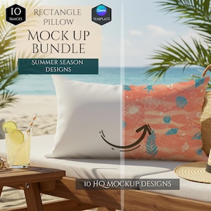 May include: Mockup bundle of 10 rectangle pillows with summer season designs. The pillows are on a wooden bench with a glass of lemonade and a straw hat. The text "10 HQ MOCKUP DESIGNS" is visible on the bench.