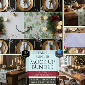 Mockup-paket för bordslöpare - 10 mockups för julfestivaler - anpassningsbar heminredning - festliga mockups för bordslöpare - Canva-mall