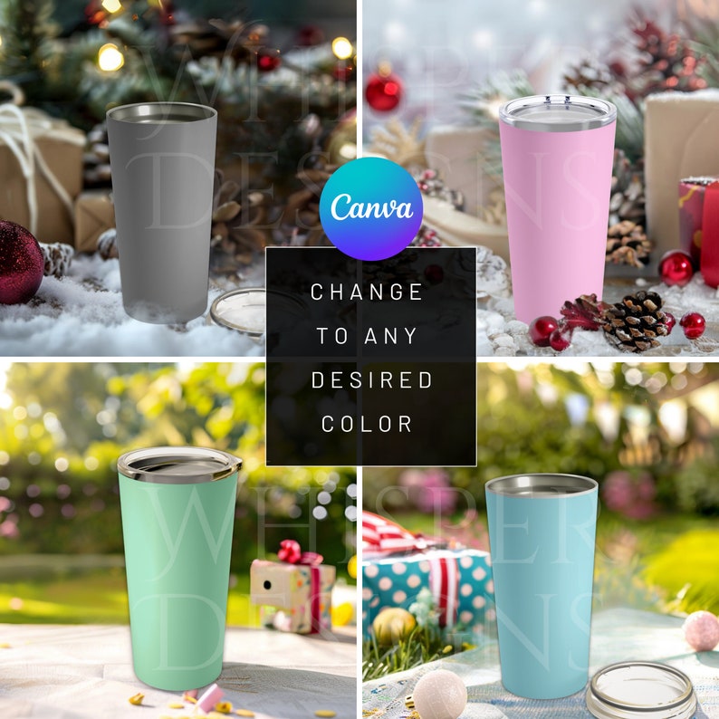 May include: Four stainless steel tumblers in different colors: gray, pink, light green, and light blue. The tumblers are on various surfaces, including a table with a white tablecloth, a wooden surface, and a white surface with red and green Christmas decorations. The text "Canva CHANGE TO ANY DESIRED COLOR" is in the center of the image.