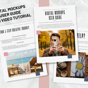 May include: A user guide for digital mockups with a 3-step creative journey. The guide includes instructions on what's included with the mockup package, tools people need, and a video tutorial. The guide also includes a section on frequently asked questions.