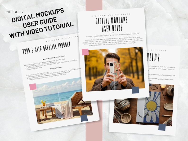May include: A user guide for digital mockups with a 3-step creative journey. The guide includes instructions on what's included with the mockup package, tools people need, and a video tutorial. The guide also includes a section on frequently asked questions.