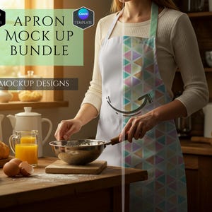 Puede incluir: Un delantal blanco con un patrón geométrico de triángulos en un lado y una sección blanca sólida en el otro. El texto APRON MOCK UP BUNDLE y 10 HQ MOCKUP DESIGNS es visible en la esquina superior izquierda. El delantal se lleva sobre una camisa de manga larga.