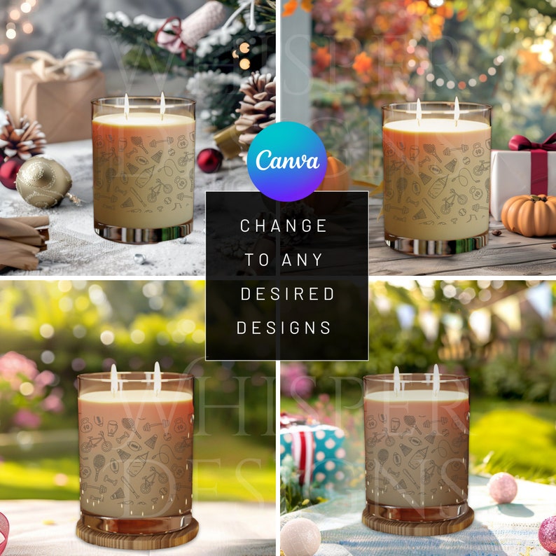 May include: A clear glass candle jar with two lit wicks, featuring a gradient tan exterior decorated with various small black line art icons of sports equipment, including bicycles, dumbbells, and balls, with a central text overlay reading CHANGE TO ANY DESIRED DESIGNS.