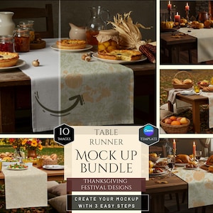 May include: A mock-up bundle of table runners with Thanksgiving festival designs. The image shows various table settings with the runners, featuring pumpkin and leaf patterns. The text on the image reads "TABLE RUNNER MOCK UP BUNDLE" and "THANKSGIVING FESTIVAL DESIGNS".
