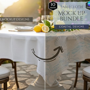 May include: A round white tablecloth with a coastal design mockup. The image shows a table set for dining outdoors, with lemons and glasses. Text on the image reads "Tablecloth Mock Up Bundle" and "Coastal Designs".