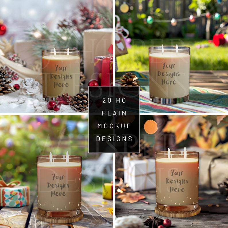 May include: A clear glass candle jar with two wicks and light-colored wax. The front of the glass features the text Your Designs Here. The candle is presented in four different settings, including holiday and outdoor scenes, for display purposes.