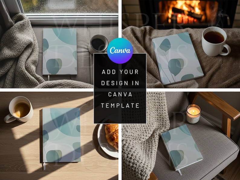 May include: Four different mockups of a notebook with a blue and green abstract design. The notebooks are shown in various settings, including a cozy living room, a sunny windowsill, and a wooden table. The text "ADD YOUR DESIGN IN CANVA TEMPLATE" is displayed in the center of the image.